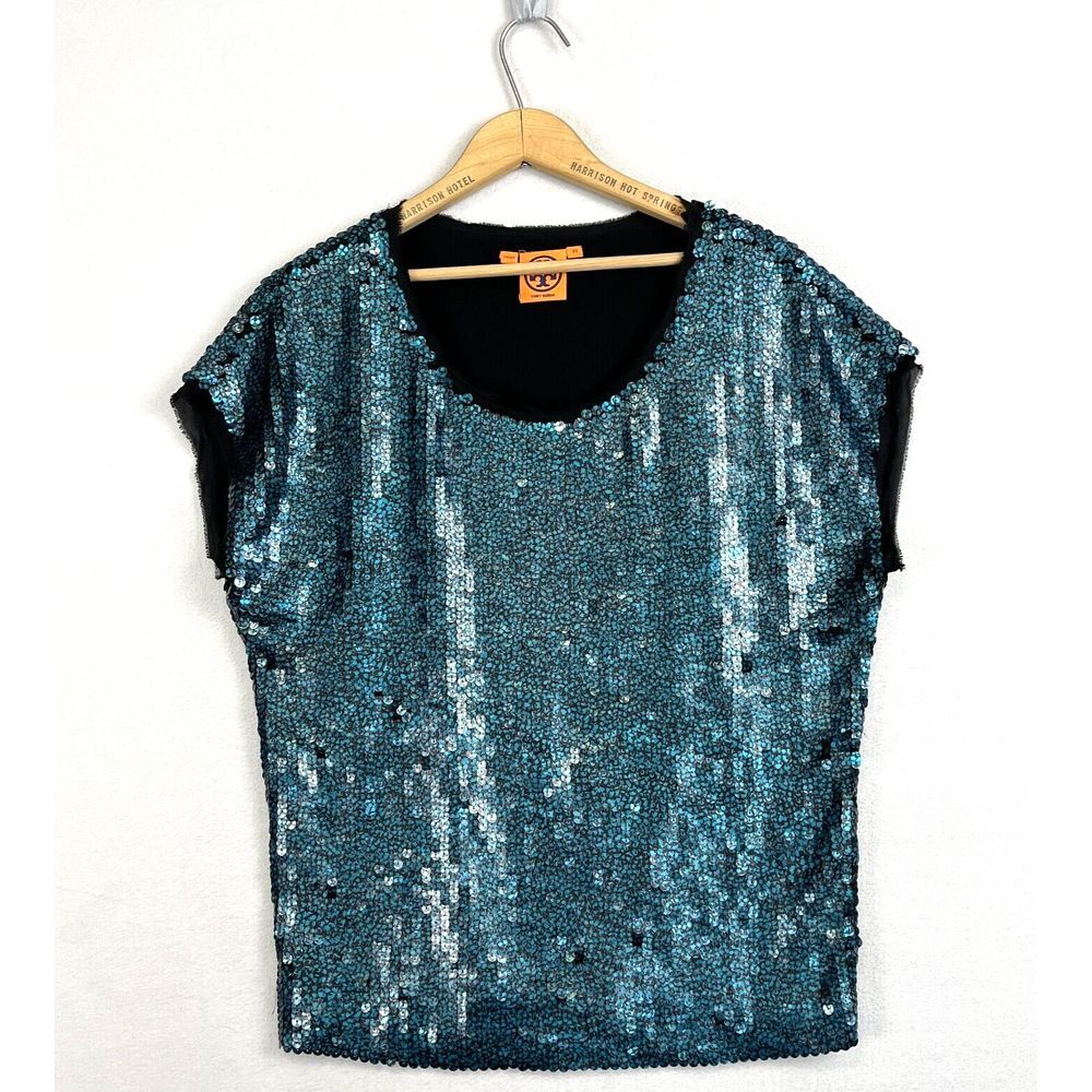 TORY BURCH Sequin Blouse Womens XS‎ Blue Dolman Short Sleeve Silk Trim Relaxed